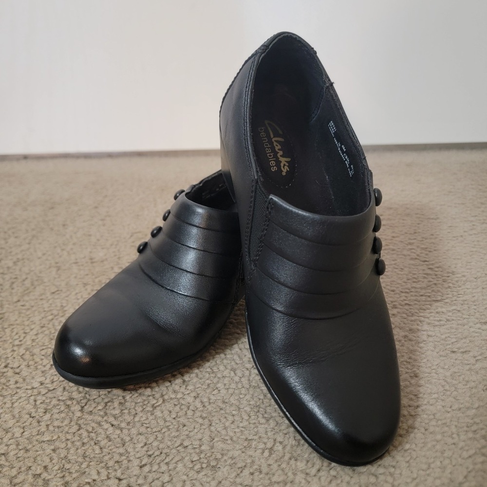 Clarks‎ Bendables Womens Black Chunk Heel Leather Size 6
